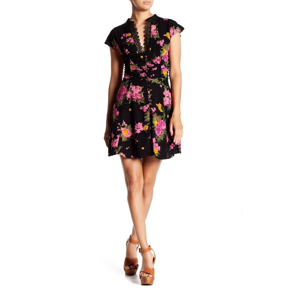 FREE PEOPLE Alora Black Floral Print Mini Dress sz 4 Women's Minidress - Picture 16 of 16